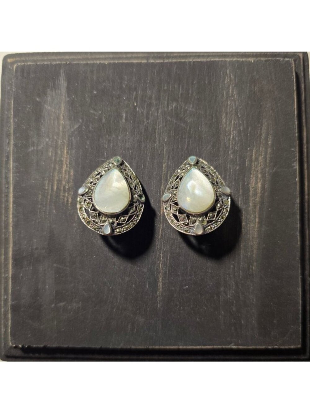 Vintage 1950's Sterling SIlver .925 Marcasite Mother of Pearl Tear Drop Earrings